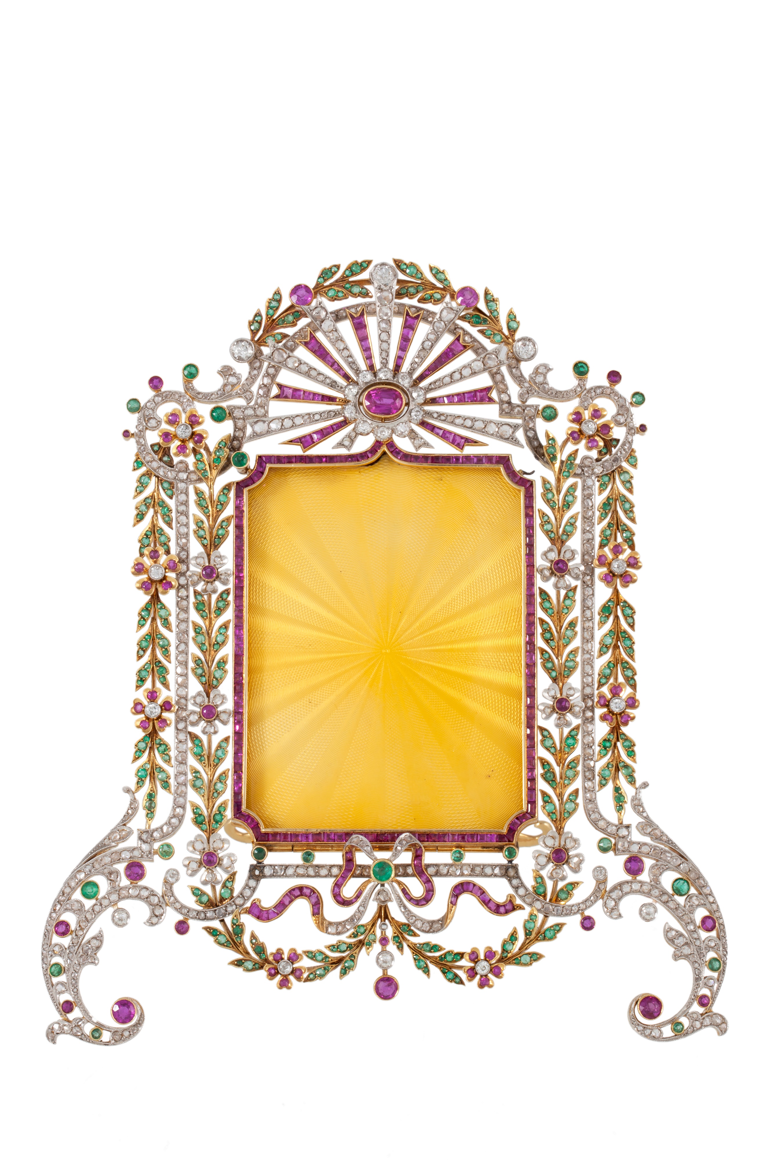 AN IMPORTANT ANTIQUE DIAMOND, RUBY AND EMERALD PICTURE FRAME
